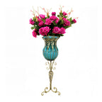 SOGA 85cm Blue Glass Tall Floor Vase and 12pcs Dark Pink Artificial Fake Flower Set