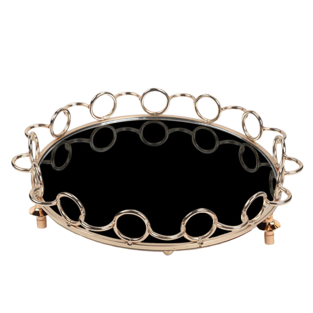 SOGA 38cm Black-Colored Round Mirror Glass Metal Tray Vanity Makeup Perfume Jewelry Organiser with Bronze Metal Frame Handles $ 93.50
