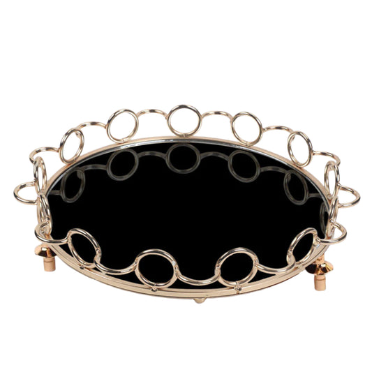 SOGA 38cm Black-Colored Round Mirror Glass Metal Tray Vanity Makeup Perfume Jewelry Organiser with Bronze Metal Frame Handles