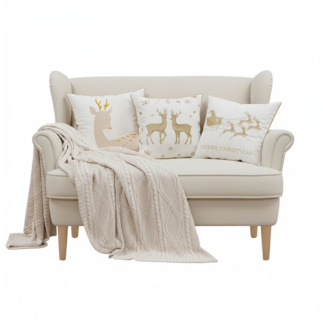 SOGA Christmas Bundle – White Chenille Throw Blanket & Festive Gold Accent Holiday Pillows $ 312