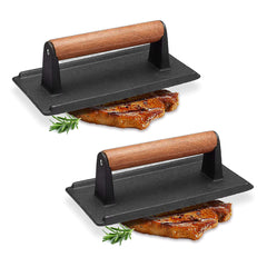 SOGA 2X Cast Iron Bacon Meat Steak Press Grill BBQ with Wood Handle Weight Plate