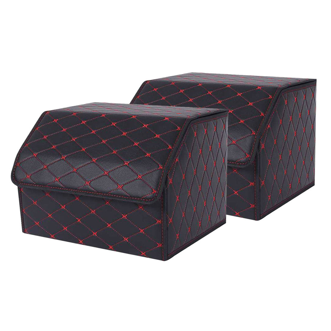 SOGA 2X Leather Car Boot Collapsible Foldable Trunk Cargo Organizer Portable Storage Box Black/Red Stitch Medium $ 86.50