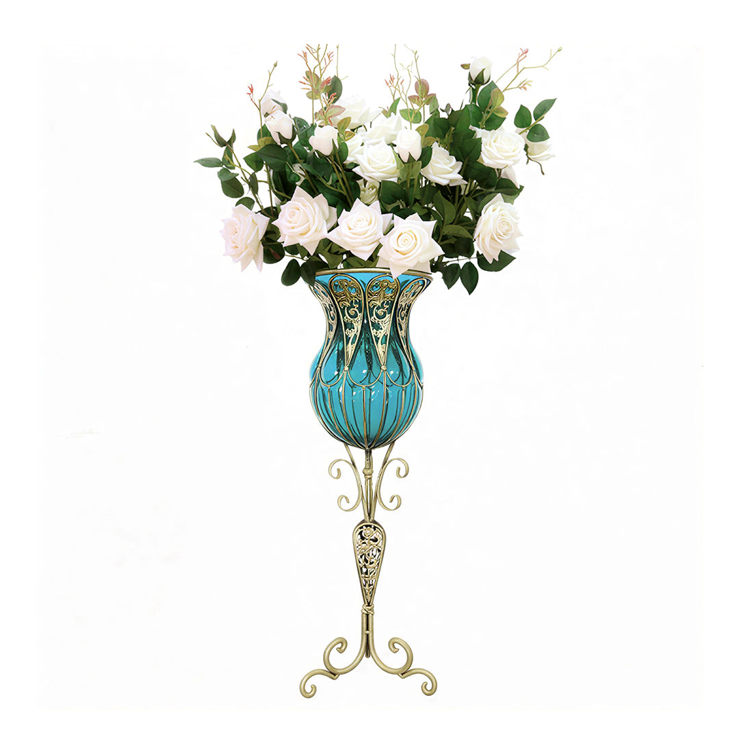 SOGA 85cm Blue Glass Tall Floor Vase and 12pcs White Artificial Fake Flower Set