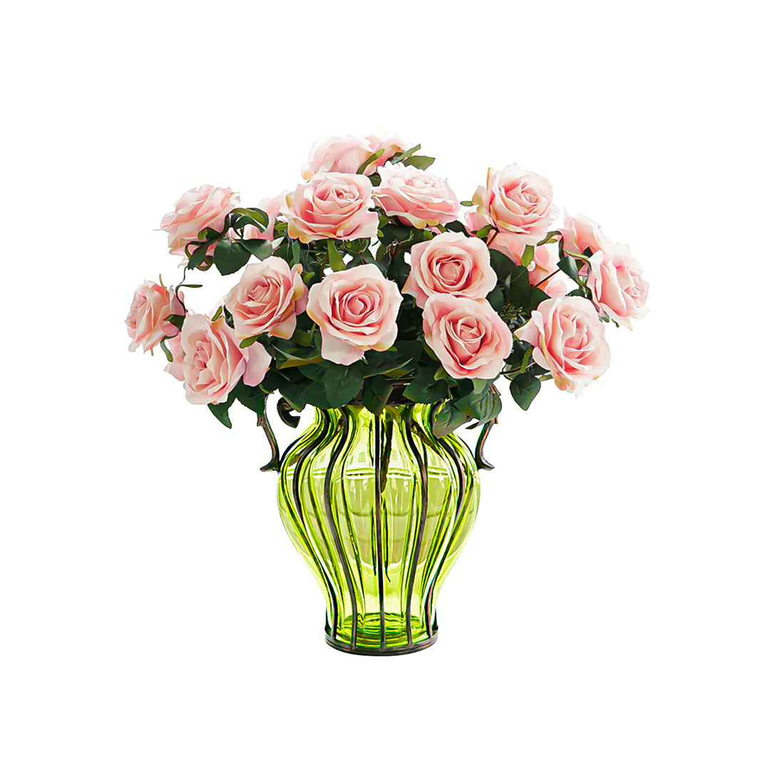 SOGA Green Colored Glass Flower Vase with 4 Bunch 9 Heads Artificial Fake Silk Rose Home Decor Set