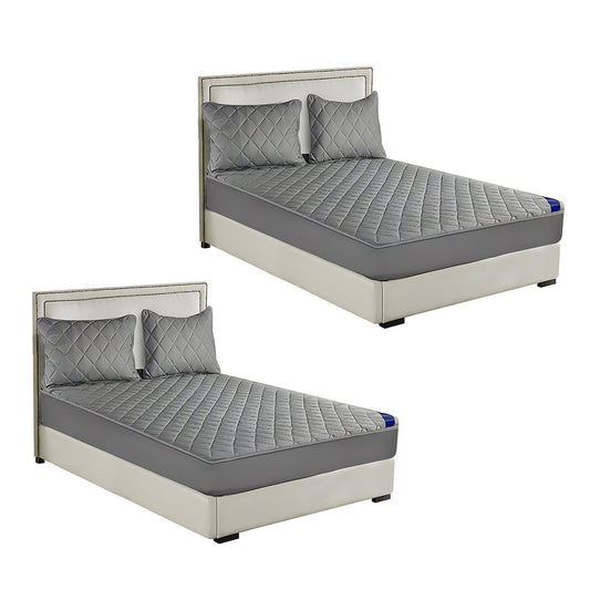 SOGA 2X Grey 153cm Wide Cross-Hatch Mattress Cover Thick Quilted Stretchable Bed Spread Sheet Protector with Pillow Covers $ 228.50