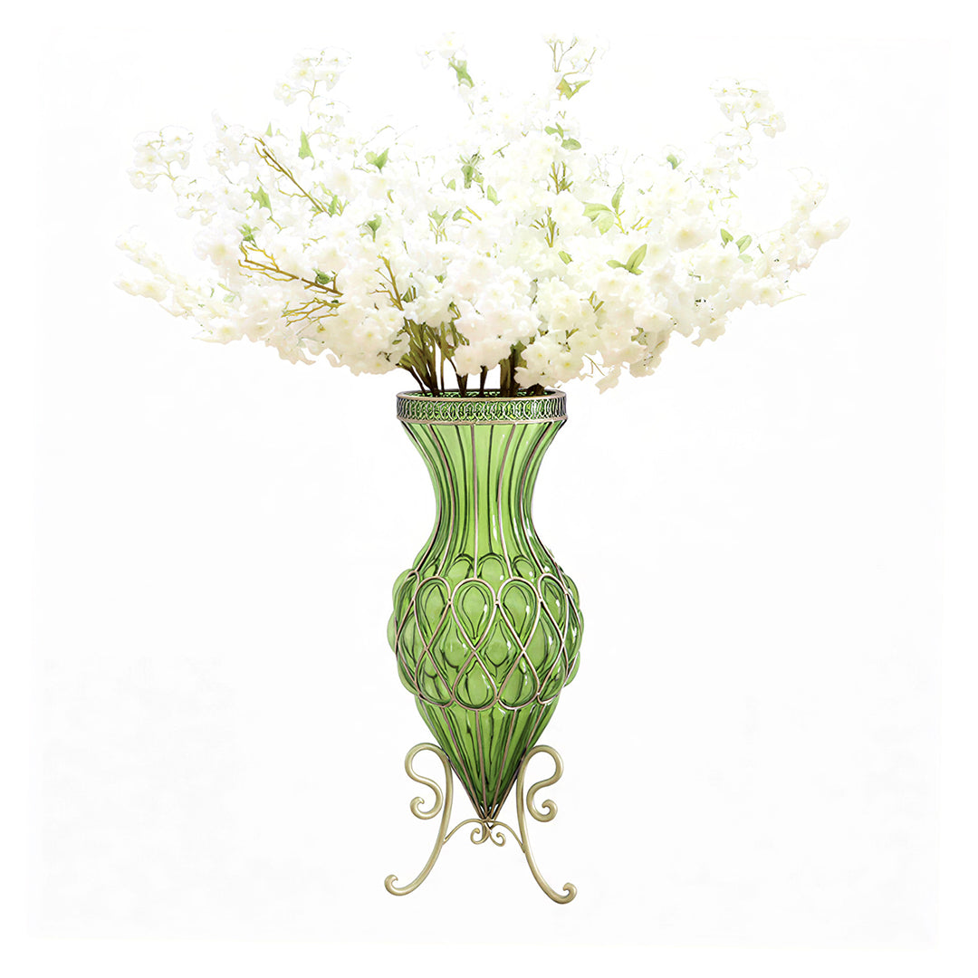 SOGA 67cm Green Glass Tall Floor Vase with 10pcs White Artificial Fake Flower Set