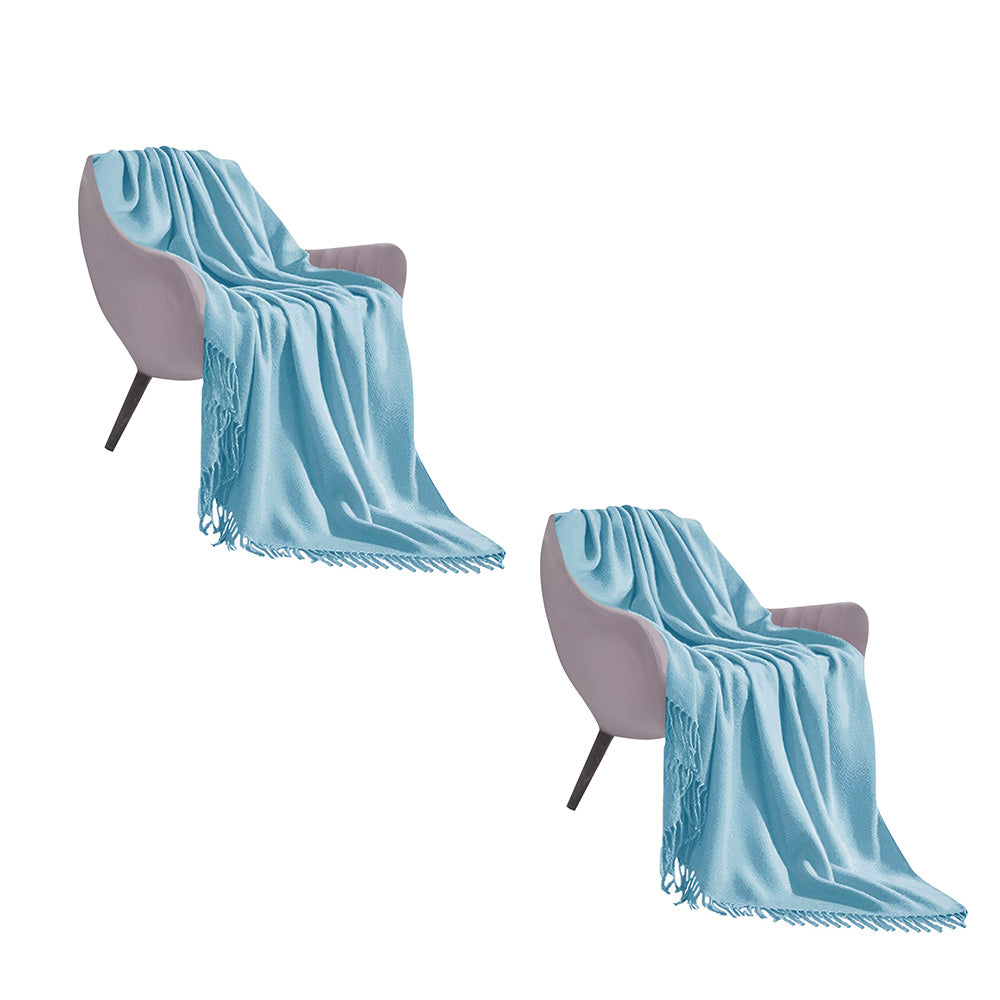 SOGA 2X Sky Blue Acrylic Knitted Throw Blanket Solid Fringed Warm Cozy Woven Cover Couch Bed Sofa Home Decor $ 151.50