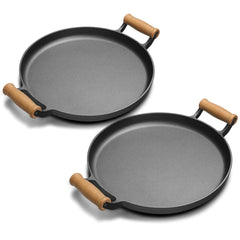 SOGA 2X 35cm Cast Iron Frying Pan Skillet Steak Sizzle Fry Platter With Wooden Handle No Lid