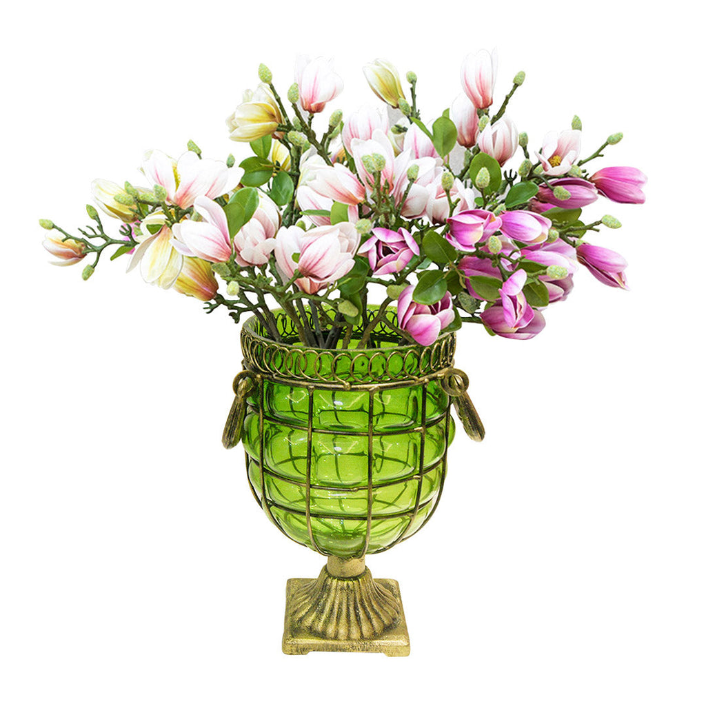 SOGA Green Glass Flower Vase with 6 Bunch 4 Heads Artificial Fake Silk Magnolia denudata Home Decor Set $ 211.50