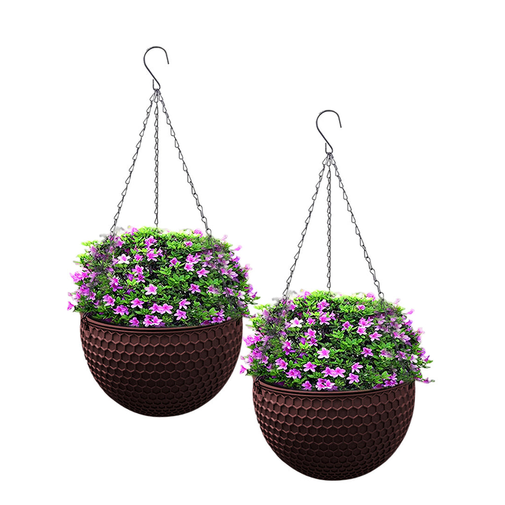 SOGA 2X Coffee Medium Hanging Resin Flower Pot Self Watering Basket Planter Outdoor Garden Decor $ 65.50