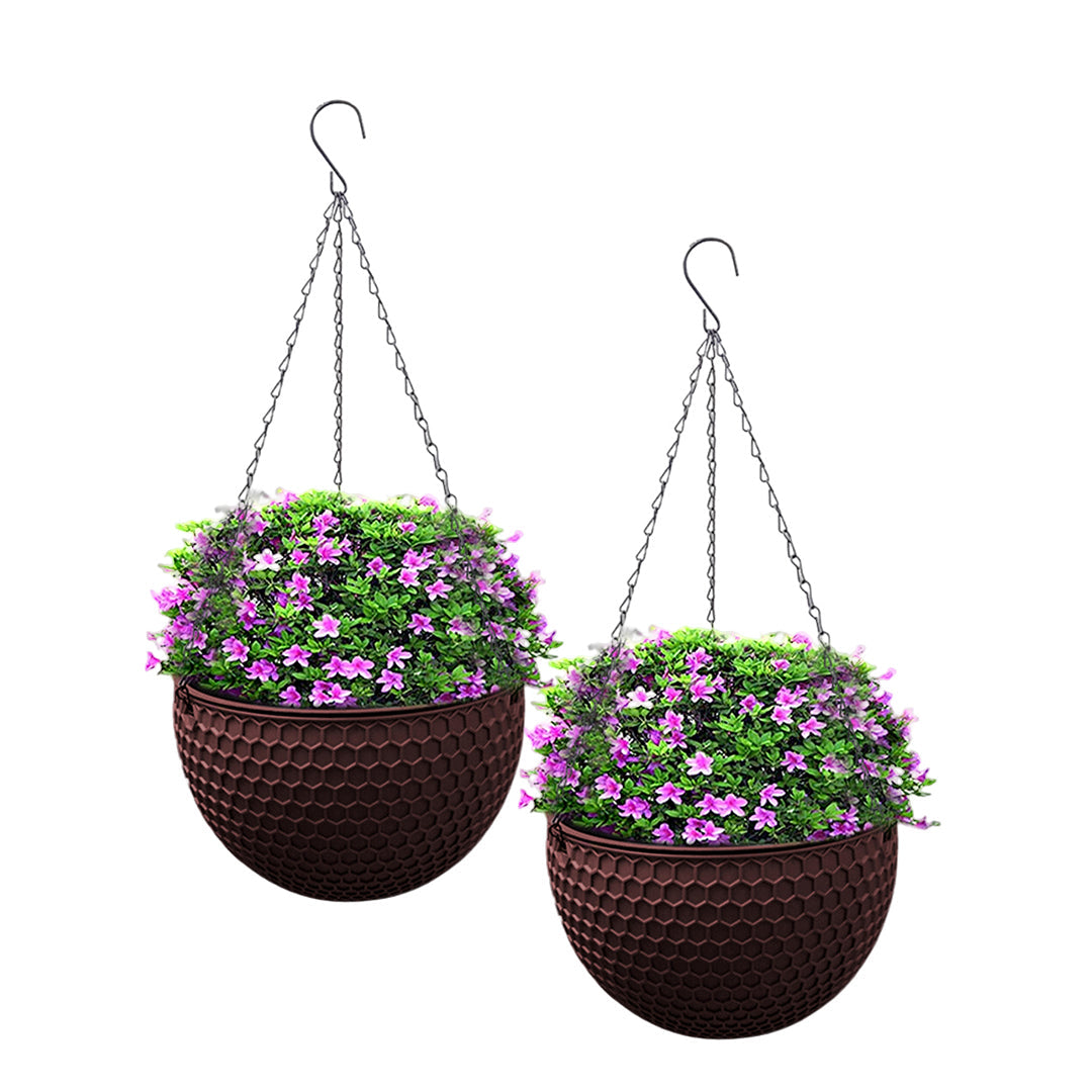 SOGA 2X Coffee Medium Hanging Resin Flower Pot Self Watering Basket Planter Outdoor Garden Decor $ 65.50