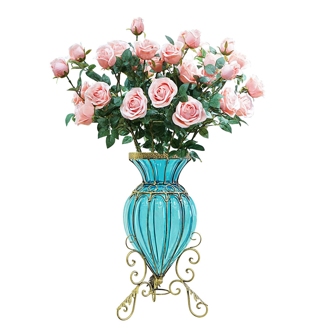 SOGA Blue Colored Glass Floor Flower Vase 8 Bunch 5 Heads Artificial Fake Silk Rose Home Decor Set $ 274.50