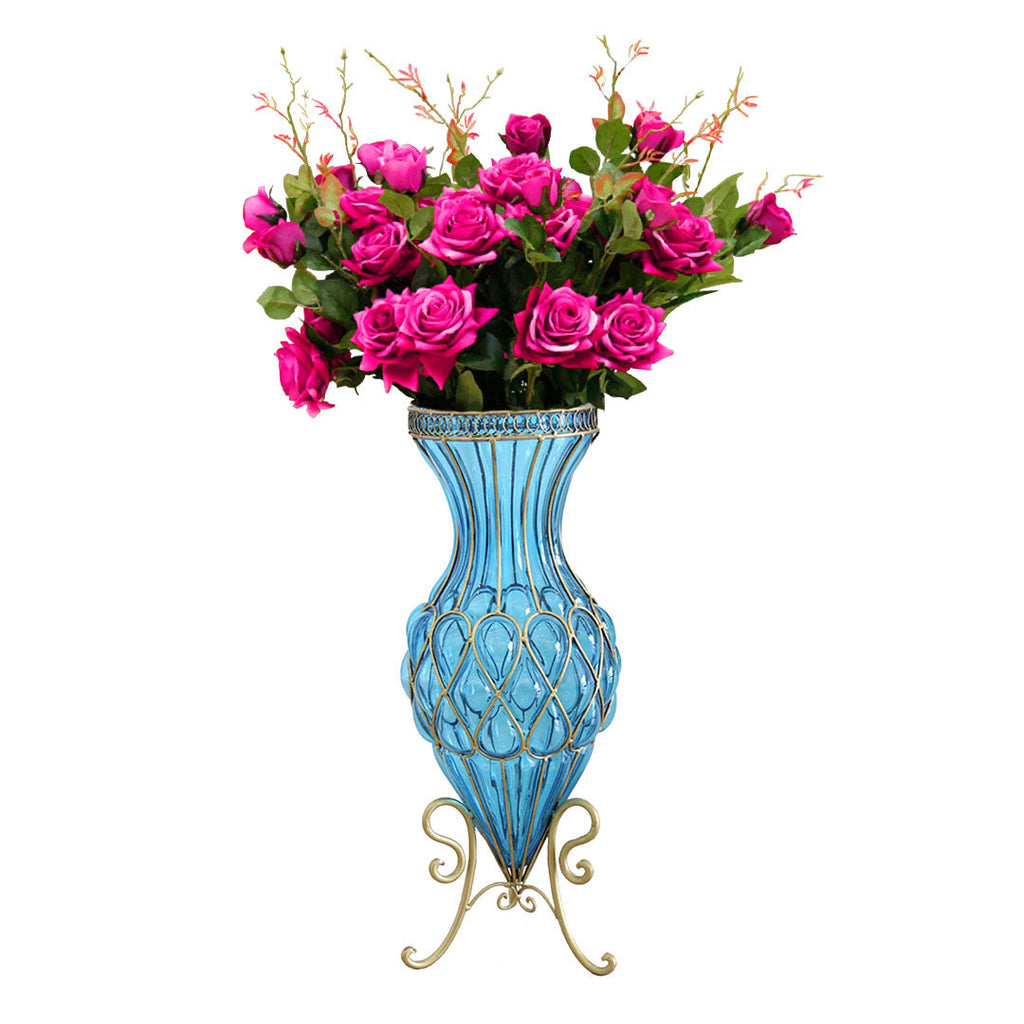 SOGA 67cm Blue Glass Tall Floor Vase and 12pcs Dark Pink Artificial Fake Flower Set $ 488.90
