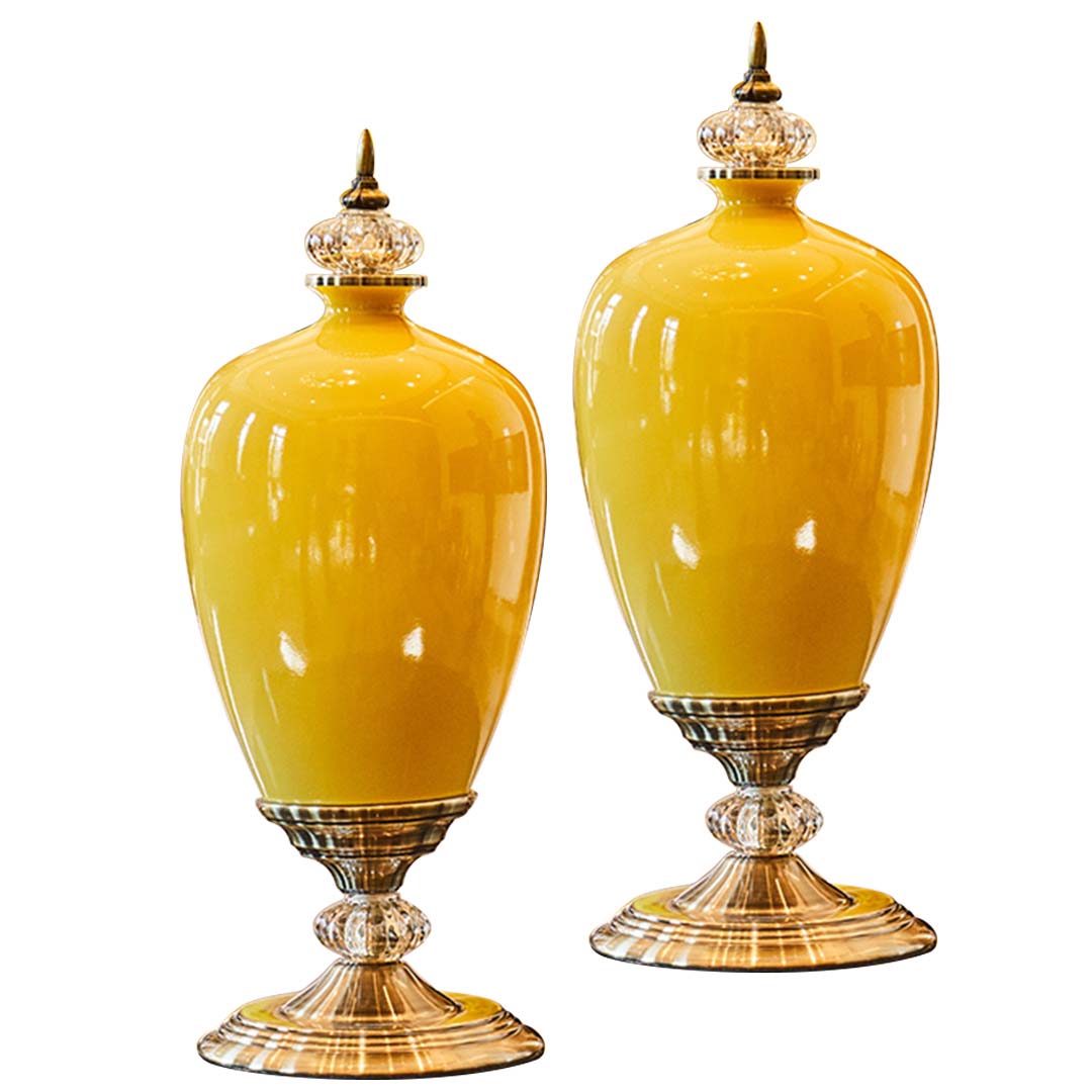 SOGA 2x 42cm Ceramic Oval Flower Vase with Gold Metal Base Yellow $ 360.90