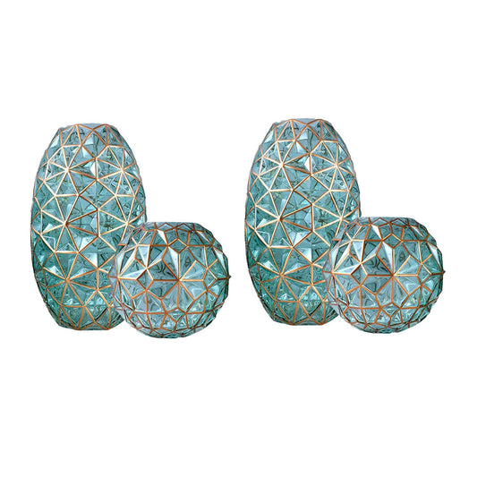 SOGA 2X Green Colored Diamond Cut Glass Flower Vase Round Jar Home Decor with Gold Accent Large and Medium Set