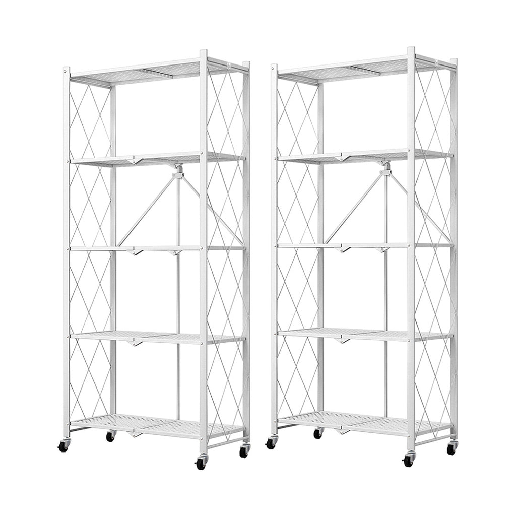 SOGA 2X 5 Tier Steel White Foldable Kitchen Cart Multi-Functional Shelves Storage Organizer with Wheels