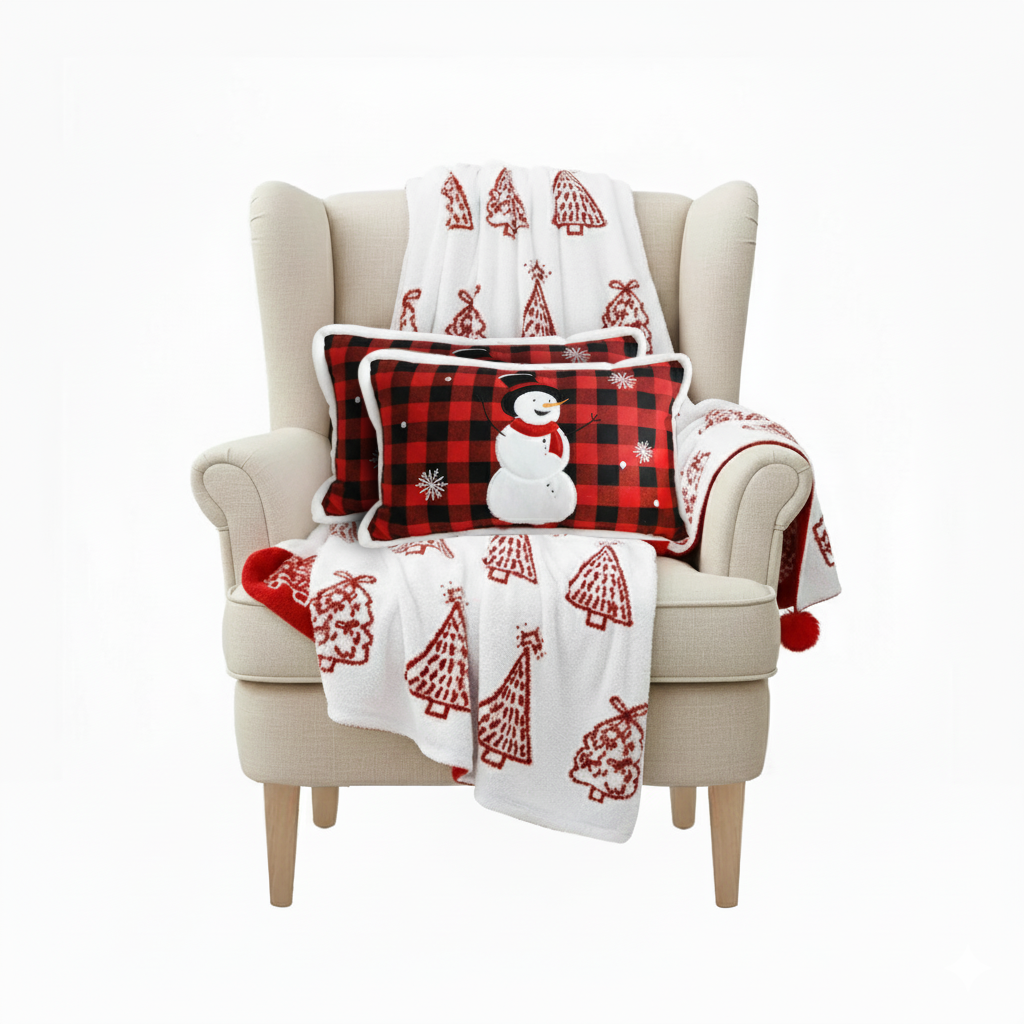 SOGA Christmas Bundle – 2 Red Snowman Lumbar Pillow & Red Christmas Tree Fleece Throw Blanket $ 200