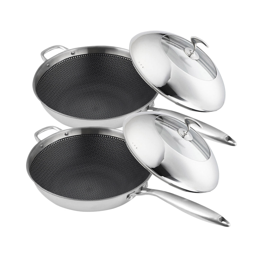 SOGA 2X 18/10 Stainless Steel Fry Pan 32cm Frying Pan Top Grade Non Stick Interior Skillet with Helper Handle and Lid $ 366.90