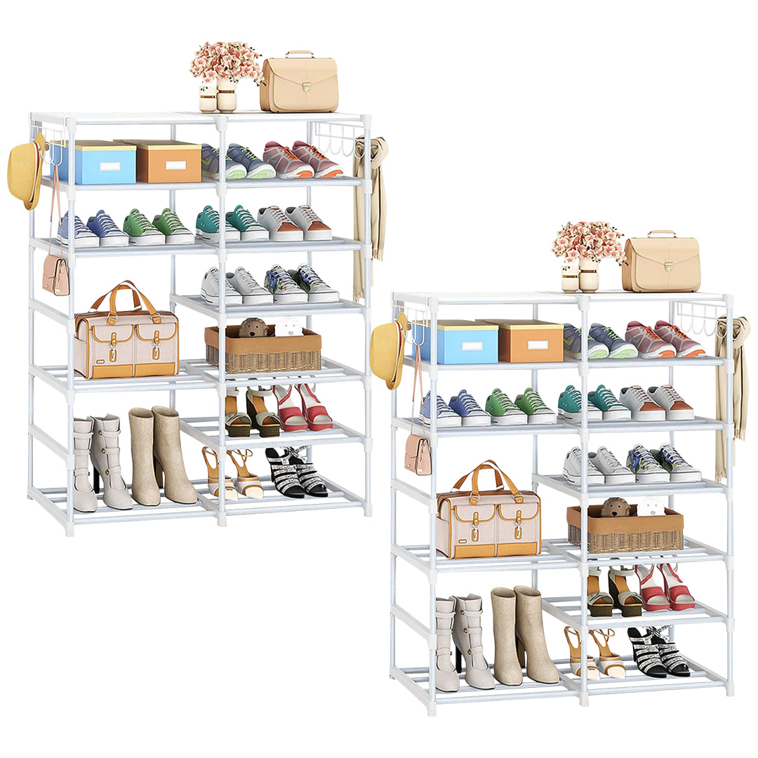SOGA 2X 12-Shelf Tier Shoe Storage Shelf Space-Saving Caddy Rack Organiser with Side Hooks White $ 161.90