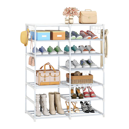SOGA 12-Shelf Tier Shoe Storage Shelf Space-Saving Caddy Rack Organiser with Side Hooks White