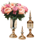 SOGA 2 x Clear Glass Flower Vase with Lid and Pink Flower Filler Vase Gold Set
