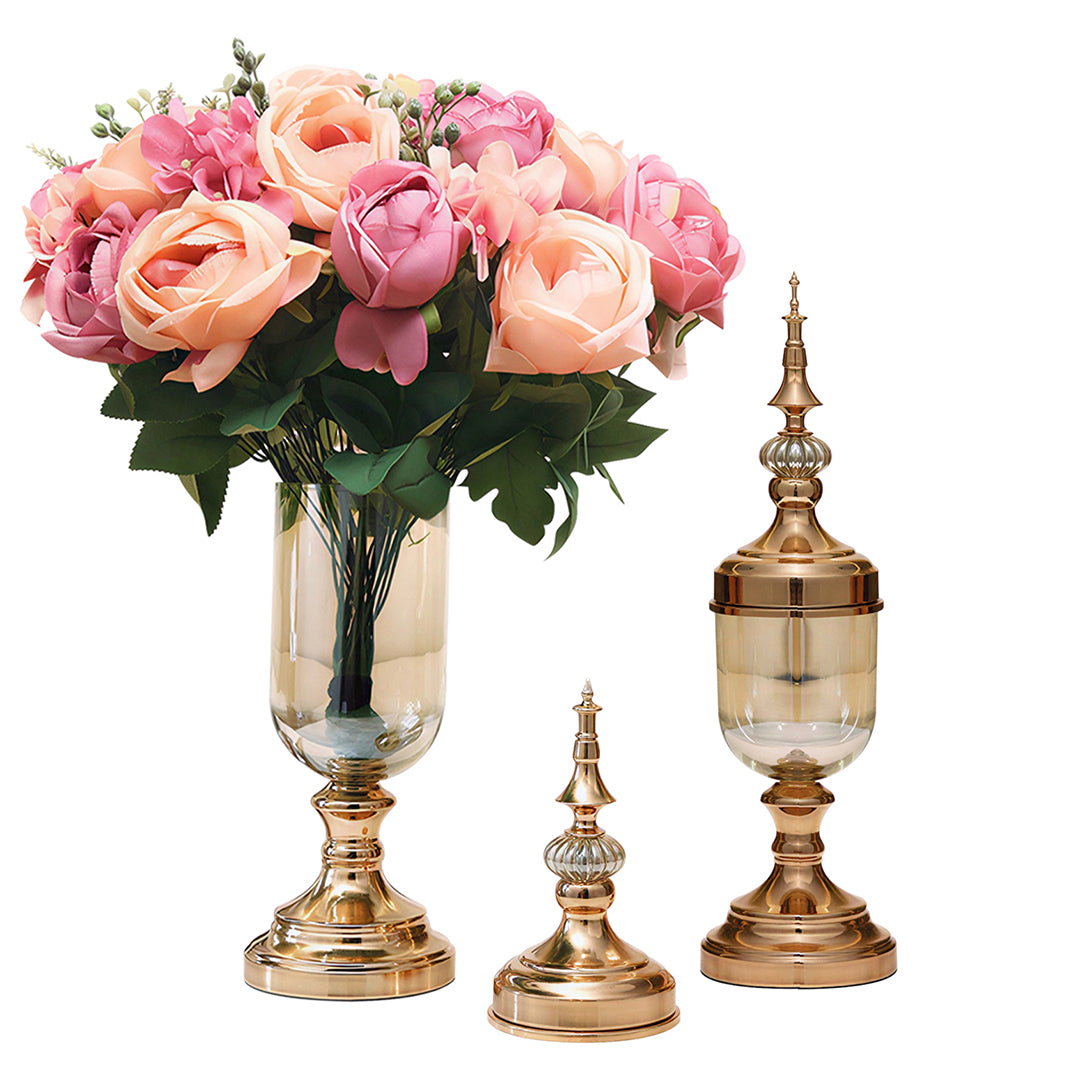 SOGA 2 x Clear Glass Flower Vase with Lid and Pink Flower Filler Vase Gold Set
