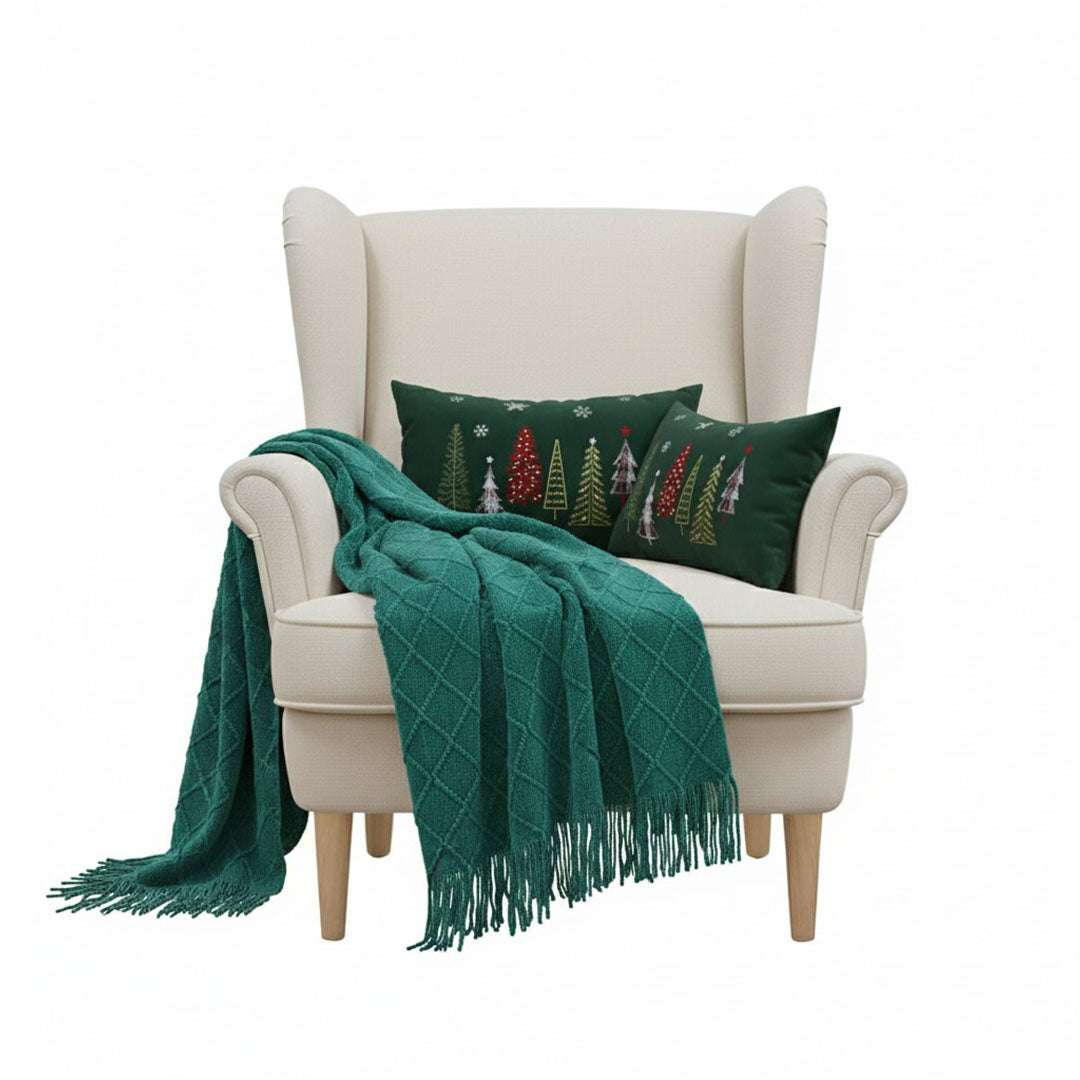 SOGA Christmas Bundle – 2 Dark Green Christmas Forest Lumbar Pillow & Teal Knitted Throw Blanket $ 162