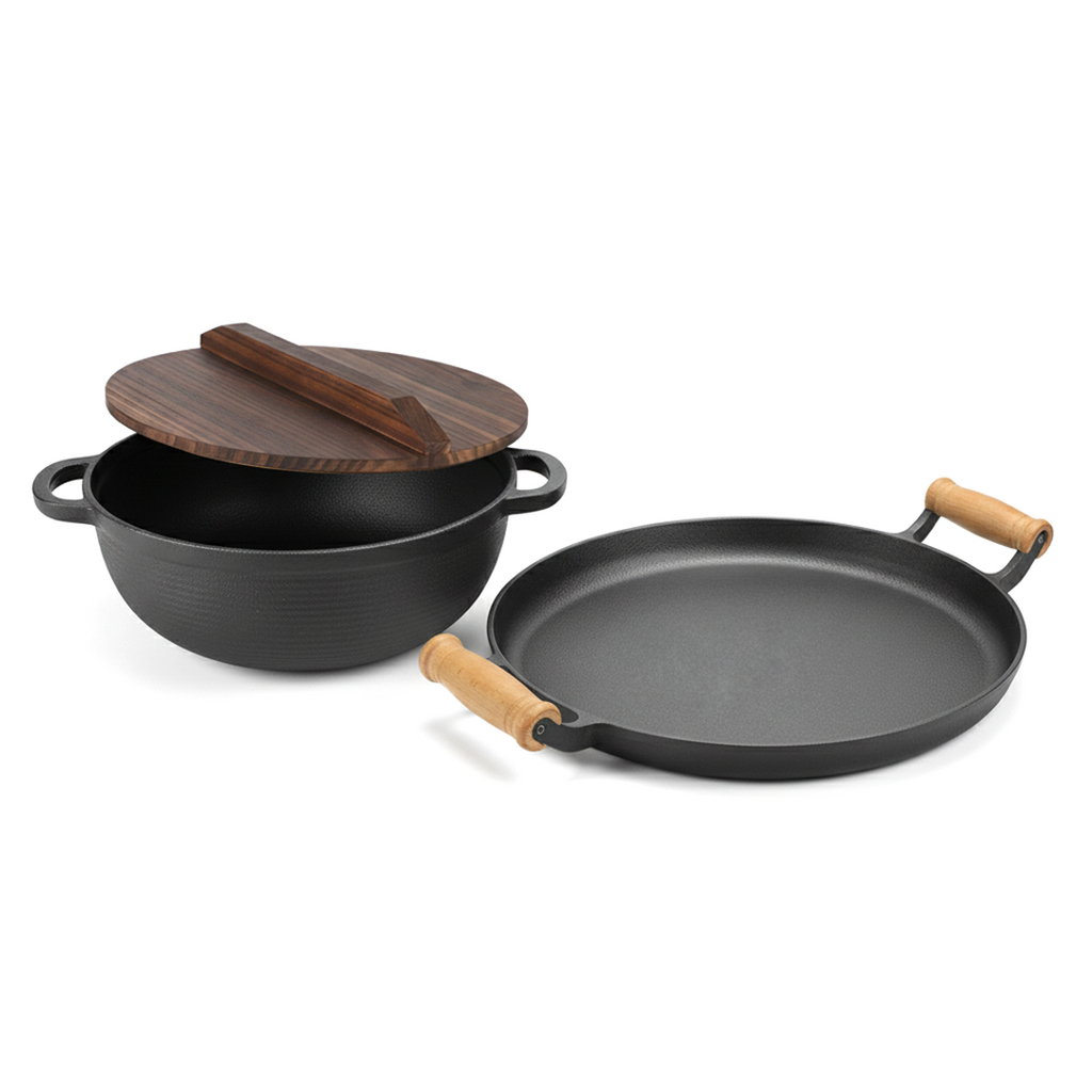 SOGA Kitchenware Bundle – Cast Iron Sukiyaki Hot Pot & Frying Pan Skillet with Wooden Handle