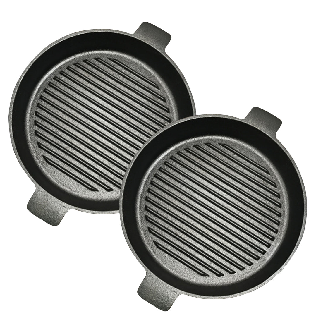 SOGA 2X 25cm Round Ribbed Cast Iron Frying Pan Skillet Steak Sizzle Platter with Handle $ 105.50