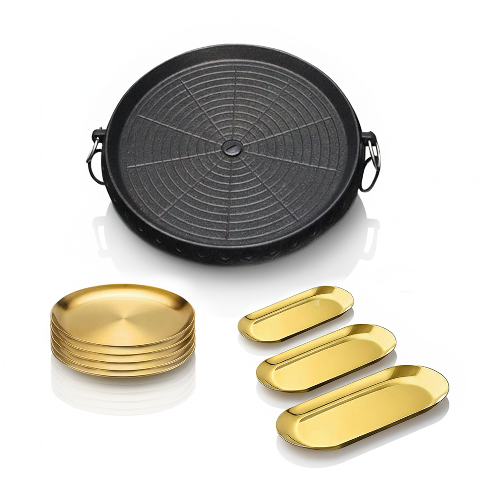 SOGA Kitchenware Bundle – Round Portable Korean BBQ Stove, Gold Grilling Plate & Nordic Plate Set $ 140