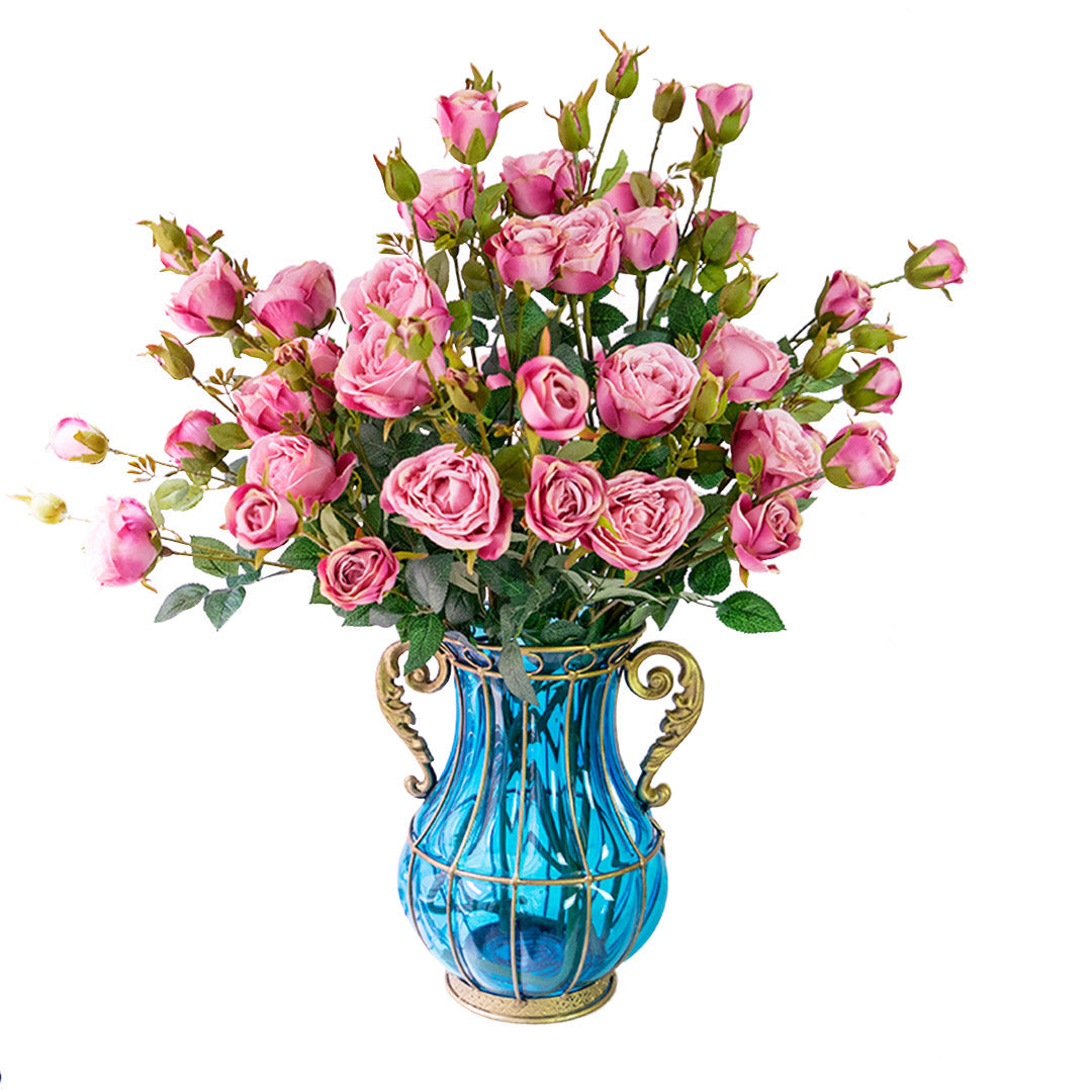SOGA Blue Colored Glass Flower Vase with 10 Bunch 6 Heads Artificial Fake Silk Rose Home Decor Set $ 253.50