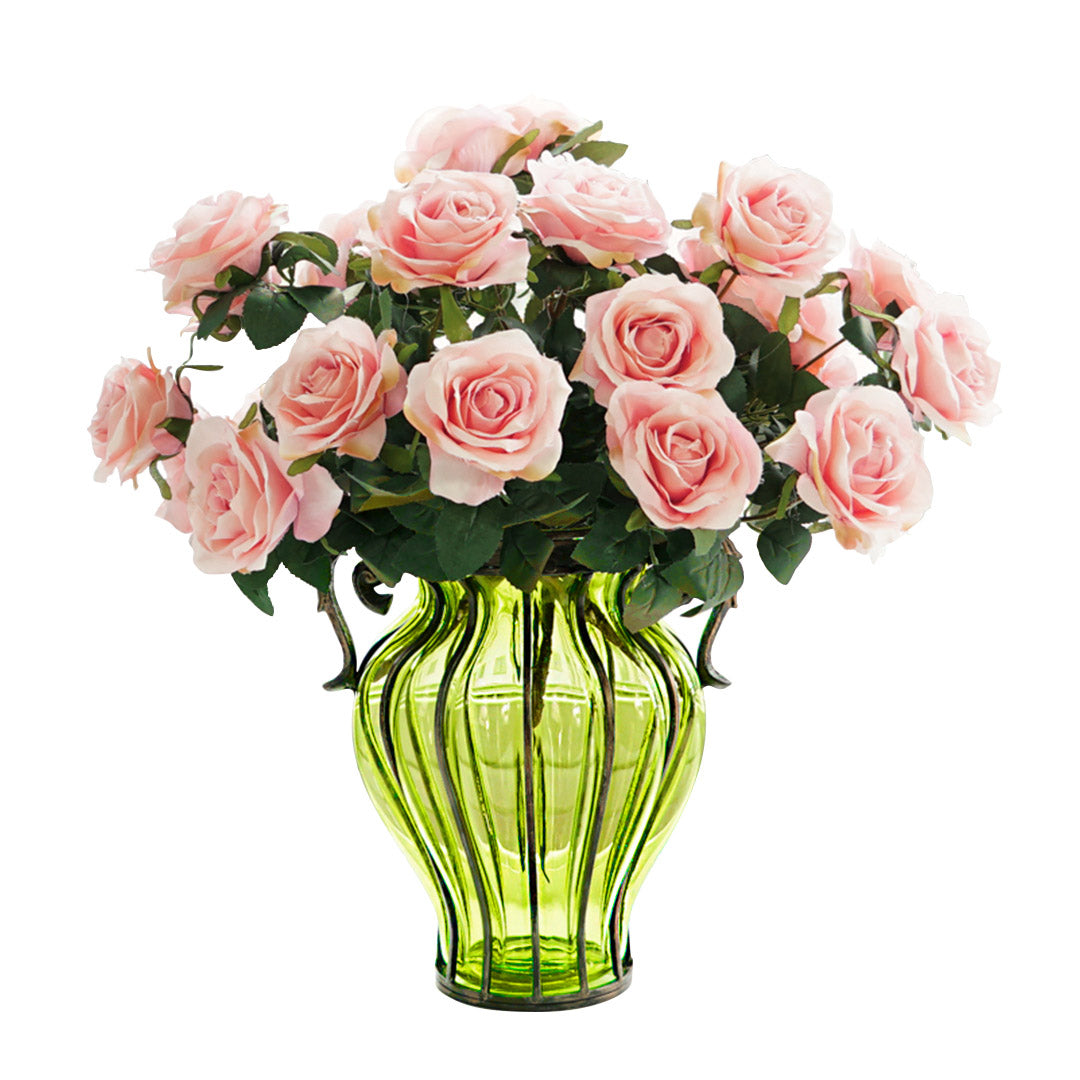 SOGA Green Colored Glass Flower Vase with 4 Bunch 9 Heads Artificial Fake Silk Rose Home Decor Set $ 258.90