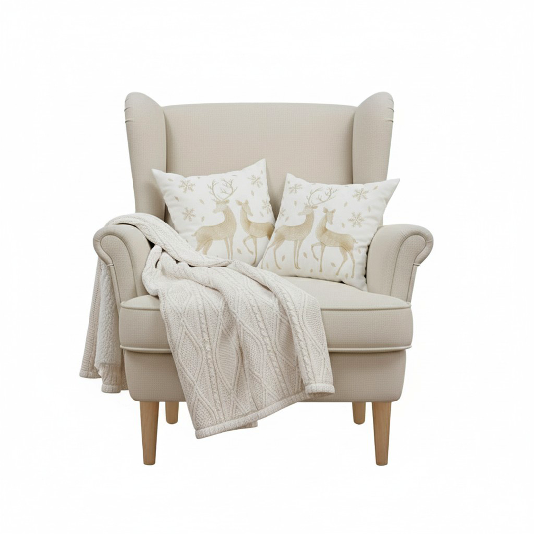 SOGA Christmas Bundle – 2 White & Gold Christmas Reindeer Pillow & White Chenille Fleece Throw $ 260