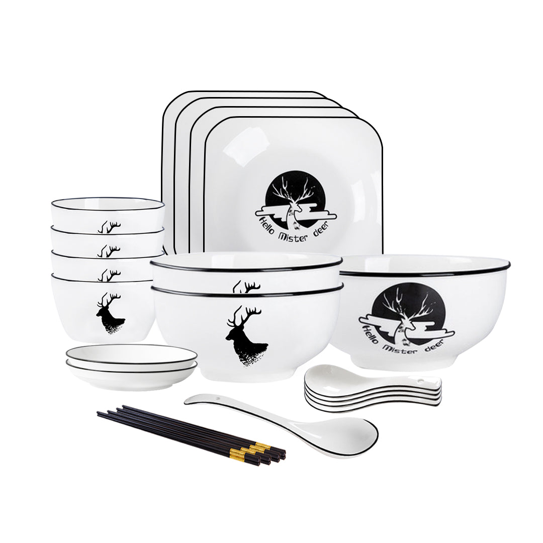 SOGA White Antler Printed Ceramic Dinnerware Set Crockery Soup Bowl Plate Server Kitchen Home Decor Set of 13 $ 99.90