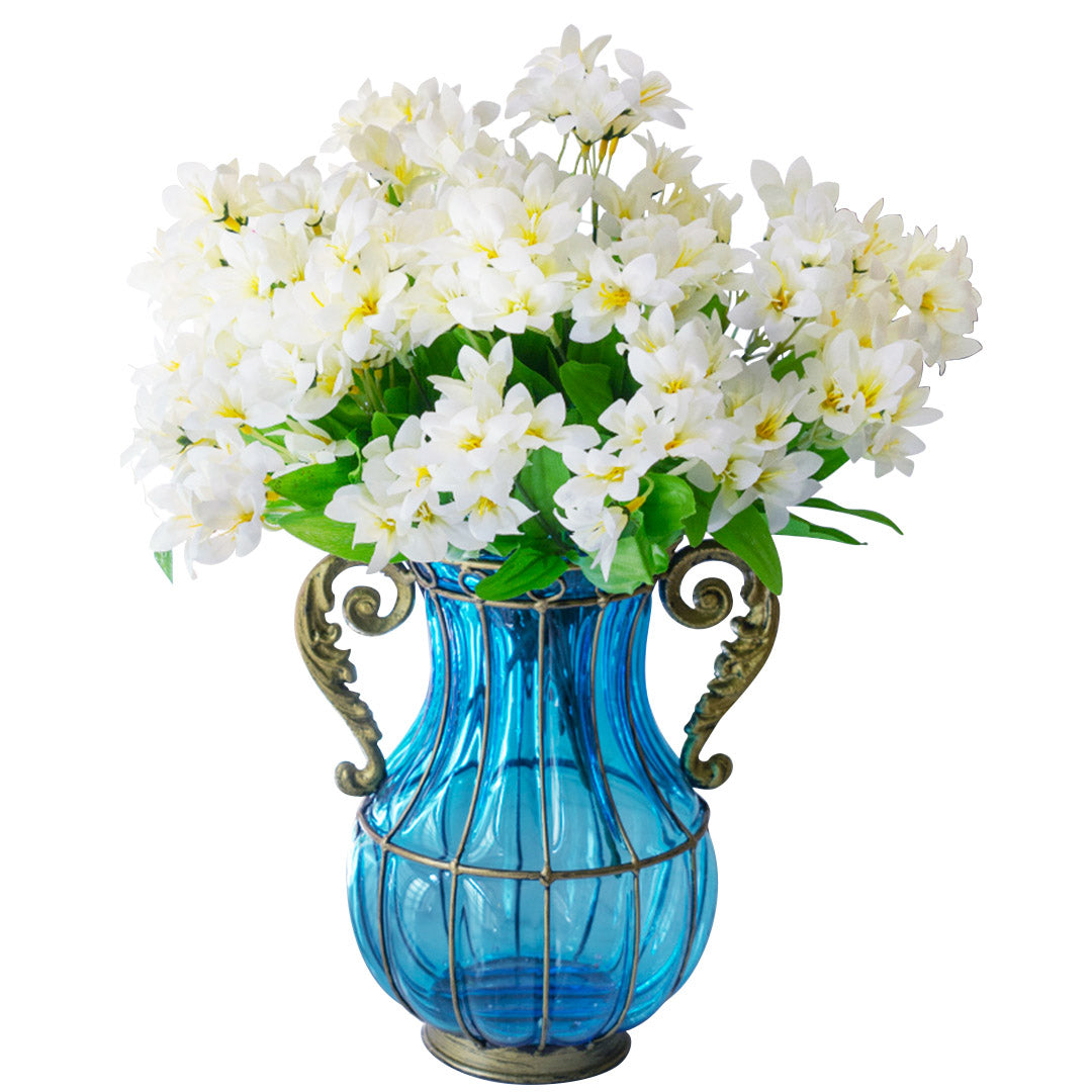 SOGA Blue Colored Glass Flower Vase with 10 Bunch 6 Heads Artificial Fake Silk Lilium nanum Home Decor Set $ 179.50