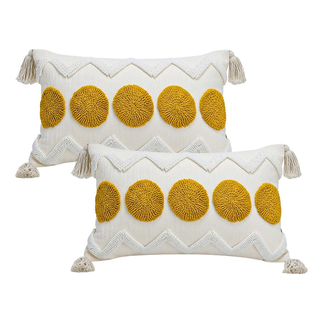 SOGA 2X 30cm Cream Yellow Circle Pom Chevron Tassel Decorative Pillow $ 140
