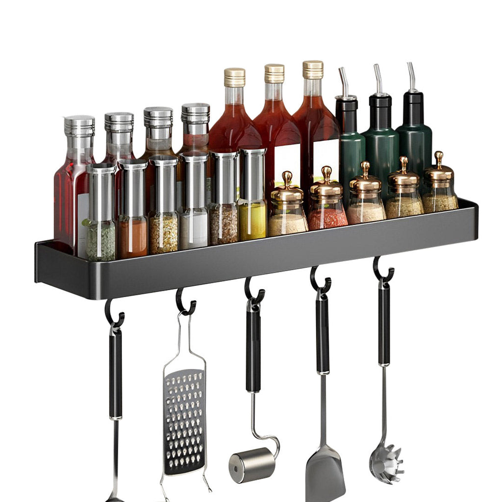 SOGA 30cm Black Wall-Mounted Rectangular Kitchen Spice Storage Organiser Space Saving Condiments Shelf Rack with Hooks $ 46.90