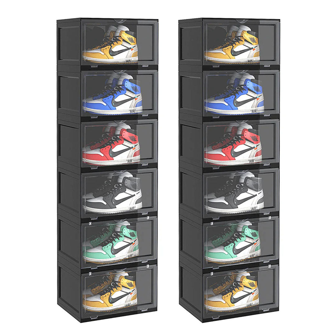 SOGA 2X 6 Tier Black Portable Shoe Organiser Sneaker Footwear Folding Plastic Bin Stackable Storage Box with Magnetic Door