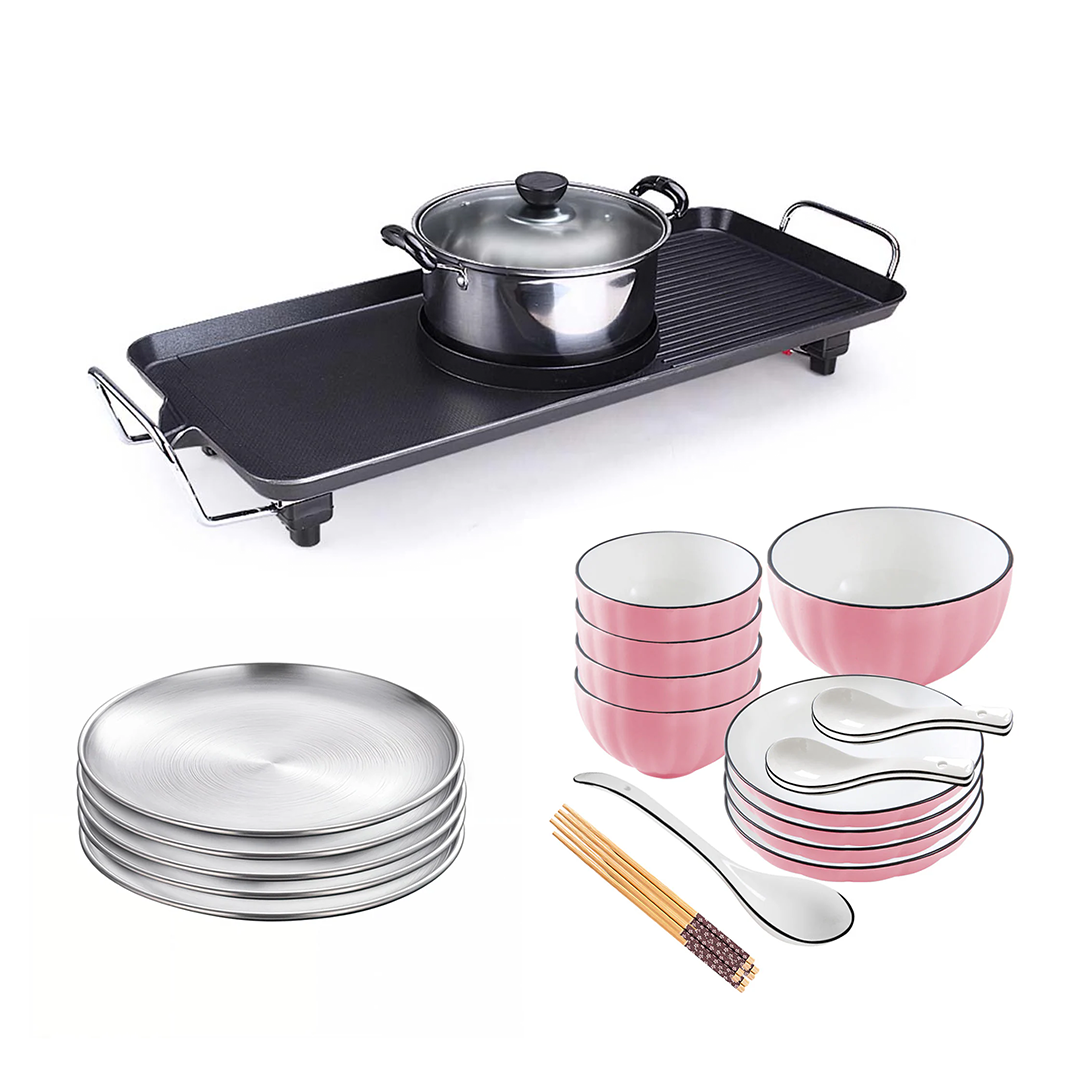 SOGA Kitchenware Bundle – Electric Steamboat Hot Pot, Pink Ceramic Dinnerware & Silver Grilling Plate