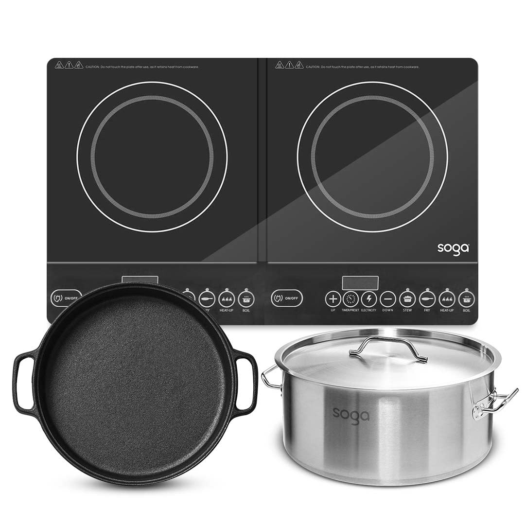 SOGA Dual Burners Cooktop Stove 30cm Cast Iron Skillet and 17L Stainless Steel Stockpot $ 391.50
