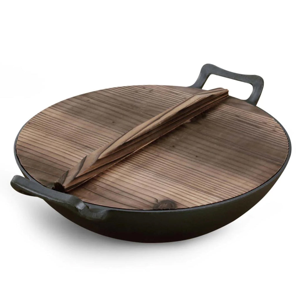 SOGA 36CM Commercial Cast Iron Wok FryPan with Wooden Lid Fry Pan $ 105.50