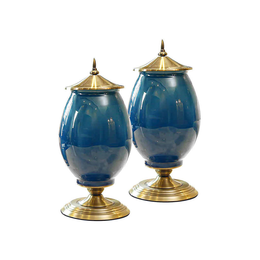 SOGA 2x 40cm Ceramic Oval Flower Vase with Gold Metal Base Dark Blue