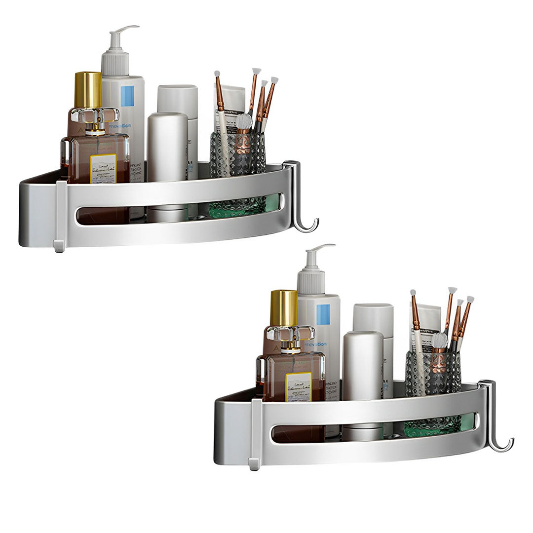 SOGA 2X Silver Wall-Mounted Triangular Bathroom Storage Corner Vanity Organiser Space Saving Adhesive Shelf Rack with Hooks $ 68.90