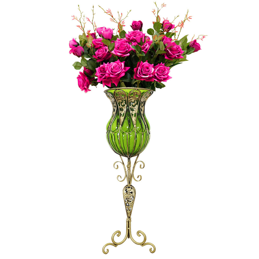 SOGA 85cm Green Glass Tall Floor Vase and 12pcs Dark Pink Artificial Fake Flower Set $ 511.50