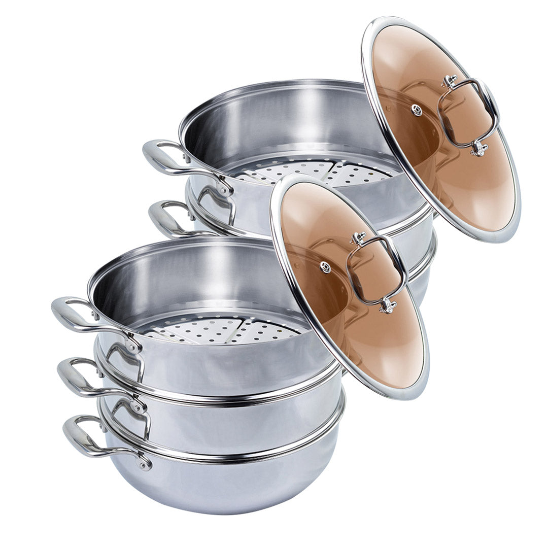 SOGA 2X 3 Tier 32cm Heavy Duty Stainless Steel Food Steamer Vegetable Pot Stackable Pan Insert with Glass Lid $ 452.90