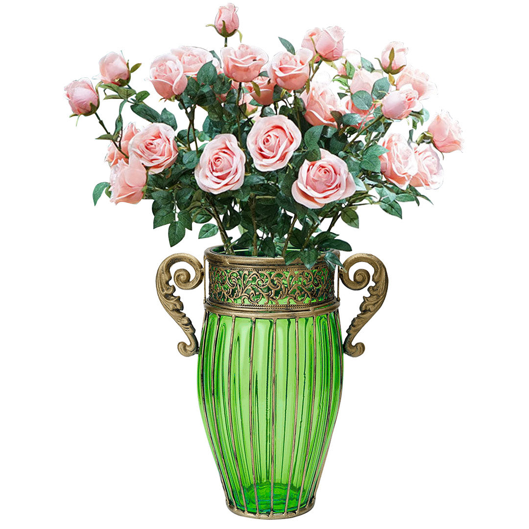SOGA Green Glass Flower Vase with 8 Bunch 5 Heads Artificial Fake Silk Rose Home Decor Set $ 263.90