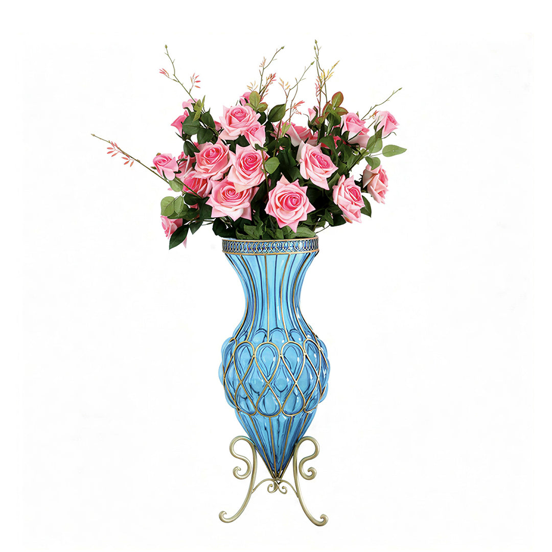 SOGA 67cm Blue Glass Tall Floor Vase and 12pcs Pink Artificial Fake Flower Set