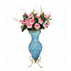 SOGA 67cm Blue Glass Tall Floor Vase and 12pcs Pink Artificial Fake Flower Set