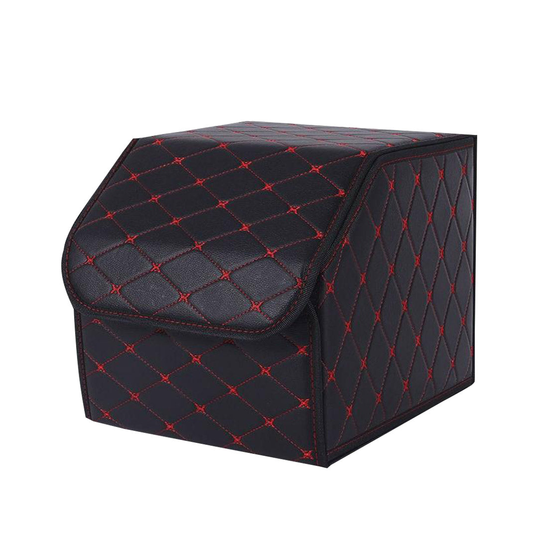 SOGA Leather Car Boot Collapsible Foldable Trunk Cargo Organizer Portable Storage Box Black/Red Stitch Small $ 38.90