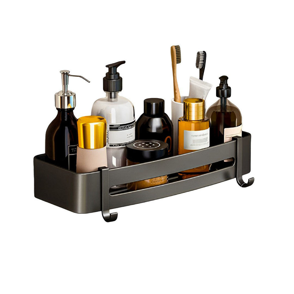 SOGA Black Wall-Mounted Rectangular Bathroom Storage Organiser Space Saving Adhesive Shelf Rack with Hooks $ 42.50